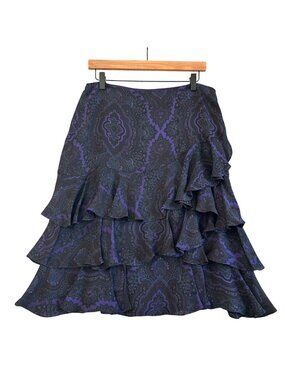 Lauren Ralph Lauren Y2K Womens Sz 8 Black & Purple Floral Ruffle Silk Skirt
